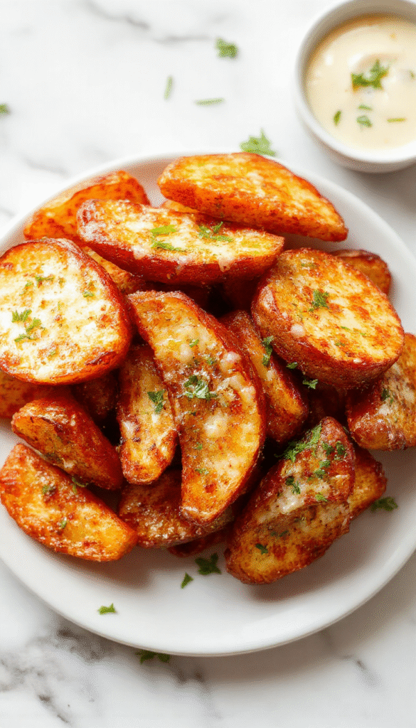 Colorful presentation of golden-brown garlic parmesan sweet potato wedges arranged on a white ceramic plate, garnished with fresh parsley, with a rustic wooden background, highlighting the crispy texture and vibrant orange hue of the sweet potatoes.