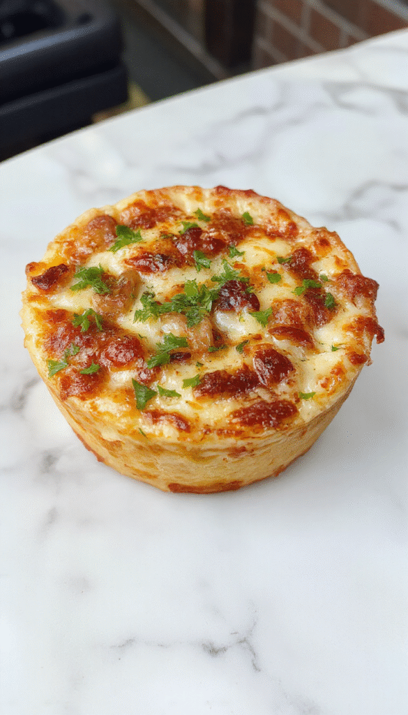 A close-up of a golden-brown French Onion Soup Pizza topped with melted cheese, caramelized onions, and fresh herbs, sliced to reveal gooey cheese and crispy crust, styled on a rustic wooden board with a sprinkle of herbs