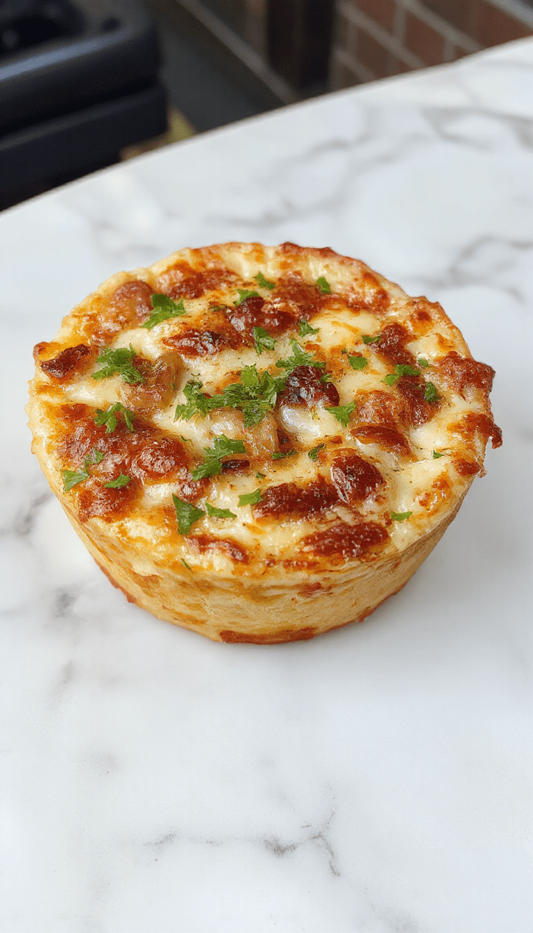 A close-up of a golden-brown French Onion Soup Pizza topped with melted cheese, caramelized onions, and fresh herbs, sliced to reveal gooey cheese and crispy crust, styled on a rustic wooden board with a sprinkle of herbs