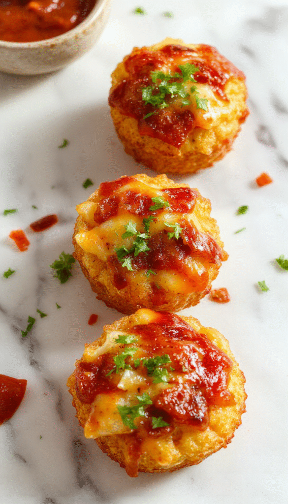 Colorful plate of loaded tater tot appetizers featuring crispy golden tots topped with melted cheese, chopped bacon, scallions, and a drizzle of sour cream, styled on a rustic wooden surface with a vibrant background.