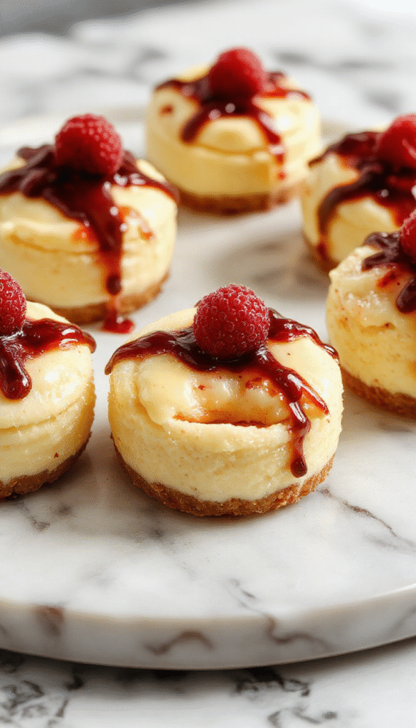 A row of six perfectly baked mini cheesecakes in paper liners, topped with fresh strawberries and a drizzle of caramel sauce, set on a white platter with a light background, showcasing their creamy texture and golden crust.