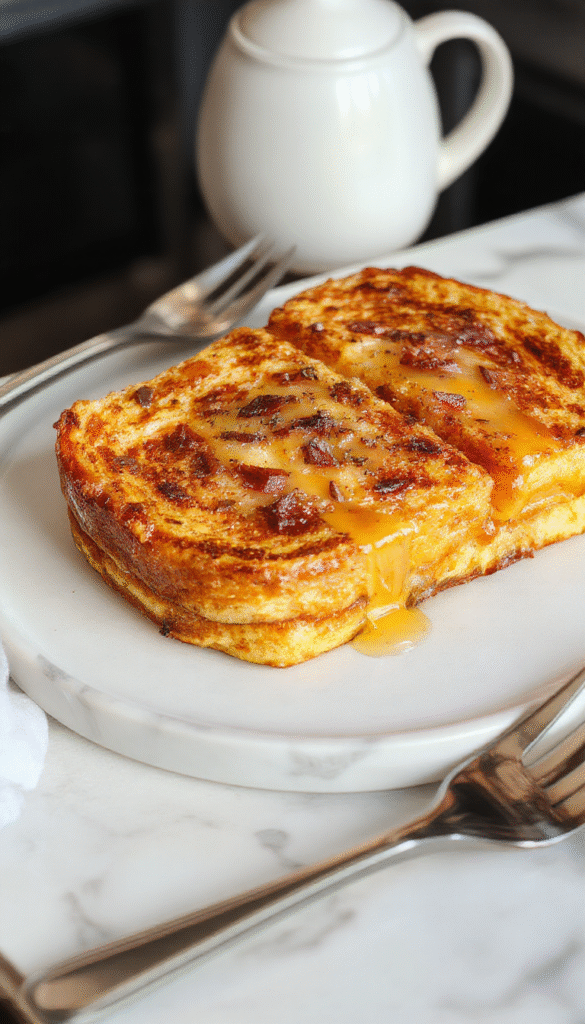 A vibrant plate of pumpkin French toast topped with powdered sugar and fresh maple syrup, garnished with cinnamon and chopped pecans, colorful autumn-themed table setting