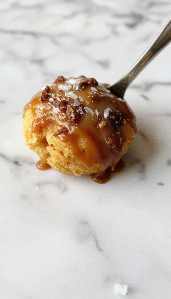 A close-up image of a luscious salted caramel dessert featuring a soft, buttery caramel topped with sea salt crystals and drizzled over a creamy custard base, all beautifully plated on a rustic white dish with a caramel spoon beside it, showcasing rich golden hues and a smooth, glossy texture.