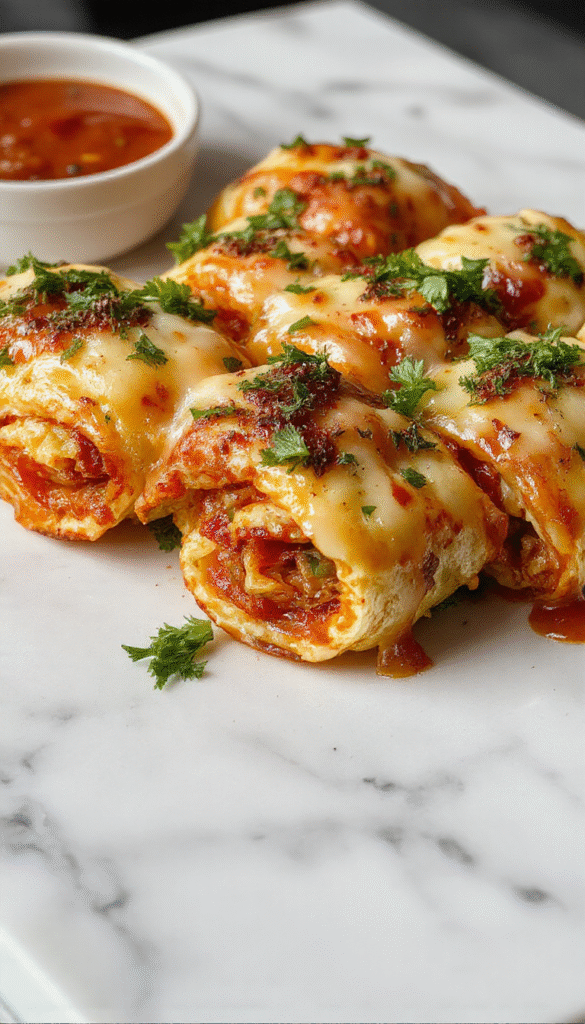 Colorful vegan pizza rolls arranged on a white plate with a golden-brown crispy exterior, topped with fresh herbs and melted vegan cheese, displayed alongside dipping sauce, styled for an inviting presentation