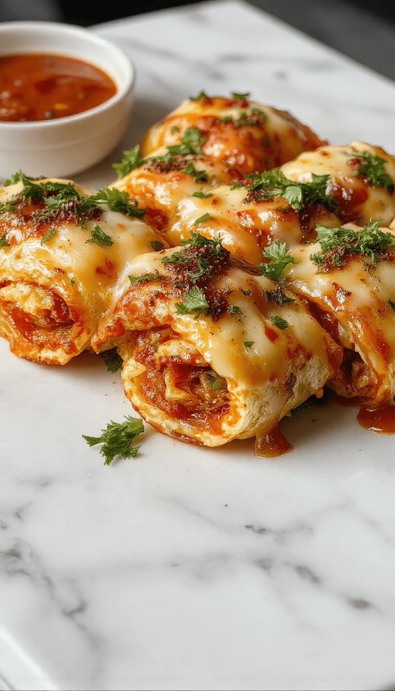 Colorful vegan pizza rolls arranged on a white plate with a golden-brown crispy exterior, topped with fresh herbs and melted vegan cheese, displayed alongside dipping sauce, styled for an inviting presentation