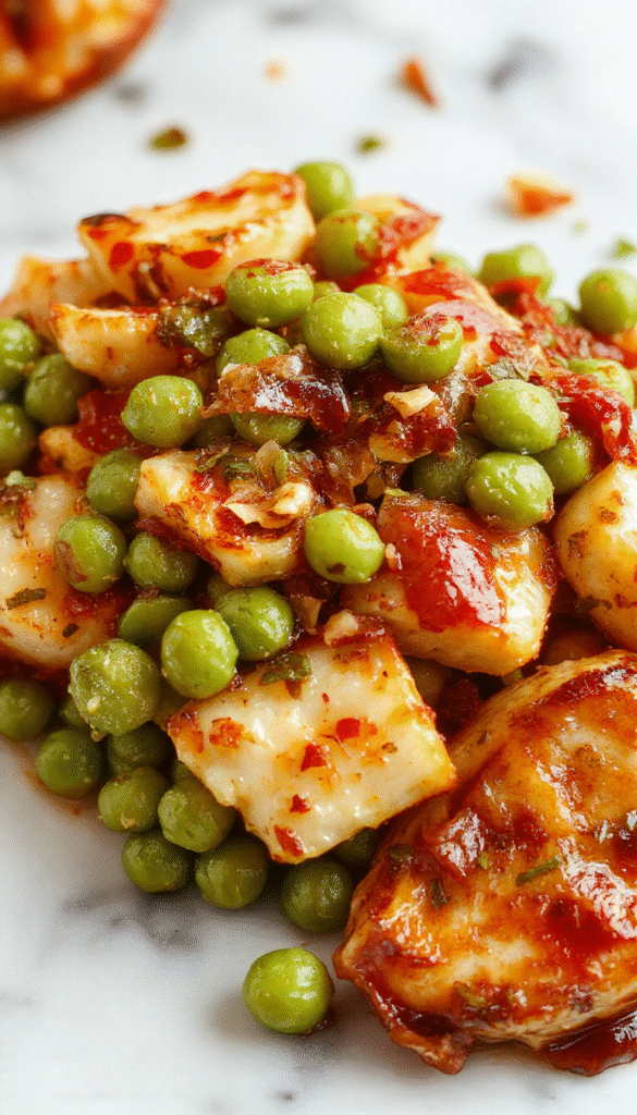 A vibrant plate featuring bright green cooked peas garnished with fresh herbs, elegantly plated on a rustic white dish with a festive autumn background, showcasing a glossy and tender texture.