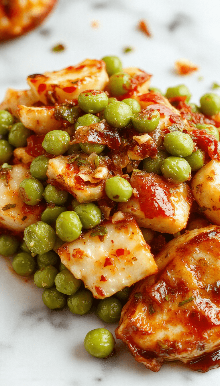 A vibrant plate featuring bright green cooked peas garnished with fresh herbs, elegantly plated on a rustic white dish with a festive autumn background, showcasing a glossy and tender texture.