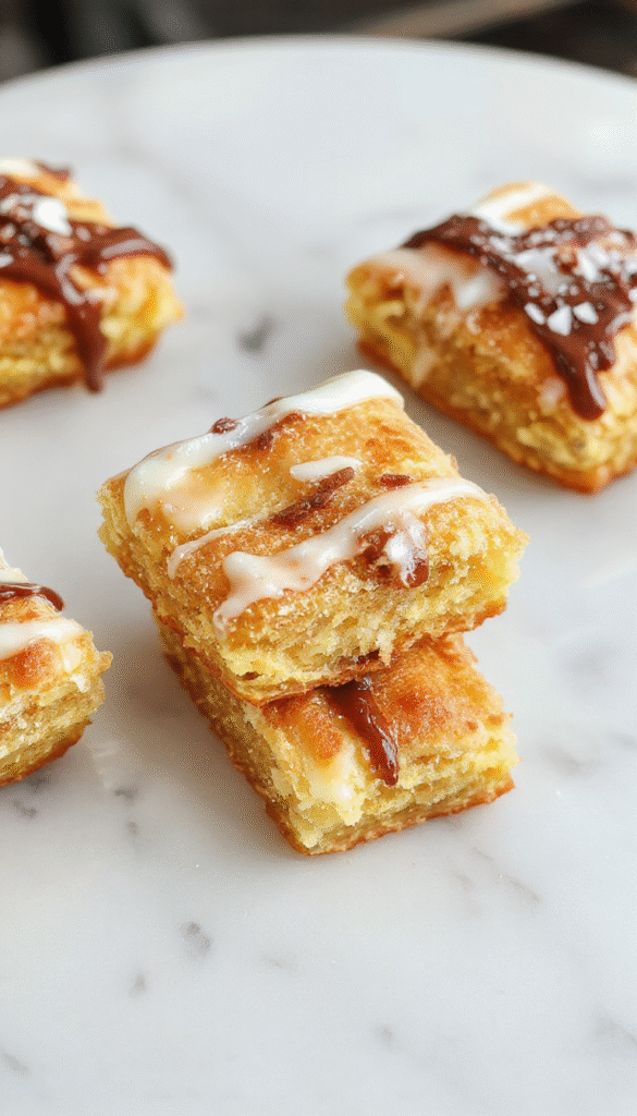 Beautifully arranged classic cannoli squares featuring crispy golden crust topped with creamy ricotta filling and chocolate chips, garnished with powdered sugar on a white plate with a rustic wooden background.
