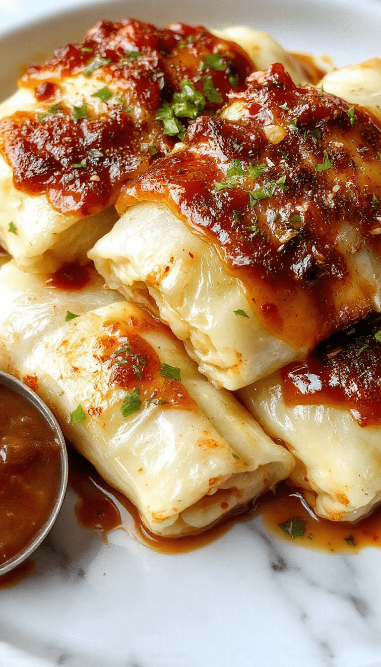 A vibrant plate of cabbage rolls neatly arranged on a white dish, showcasing golden-brown baked cabbage leaves filled with savory meat and rice, garnished with fresh parsley, set against a rustic wooden table with surrounding fresh cabbage heads and a scattering of spices.