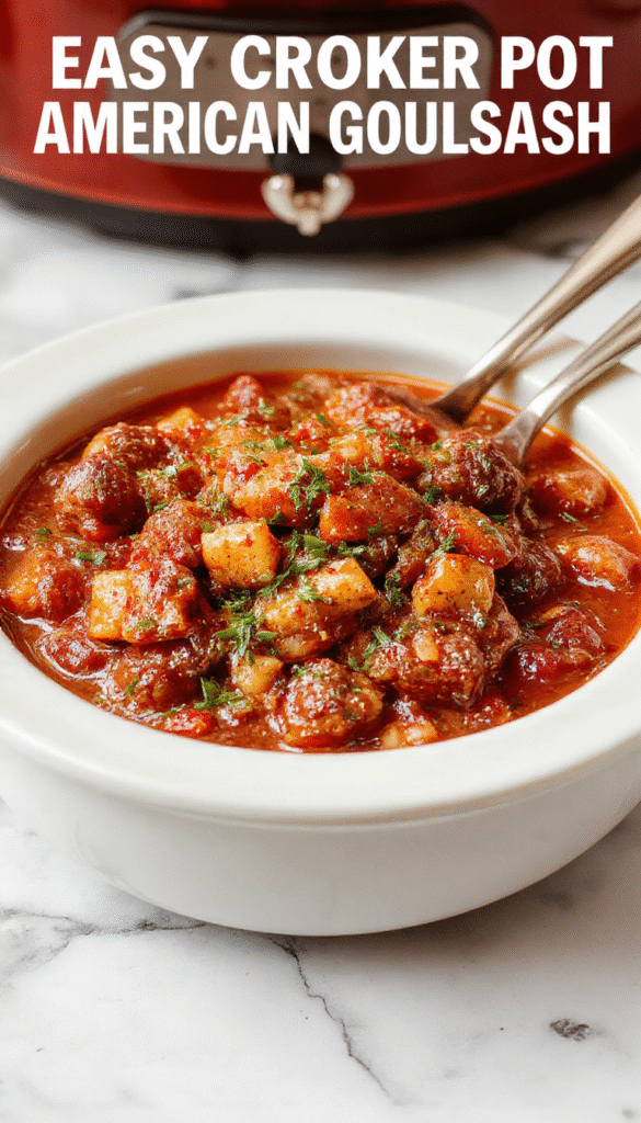 A warm bowl of Crock Pot American Goulash featuring ground beef, rich tomato sauce, and tender pasta, garnished with fresh herbs, vibrant red and brown tones, served on a rustic wooden table with a spoon and side of bread