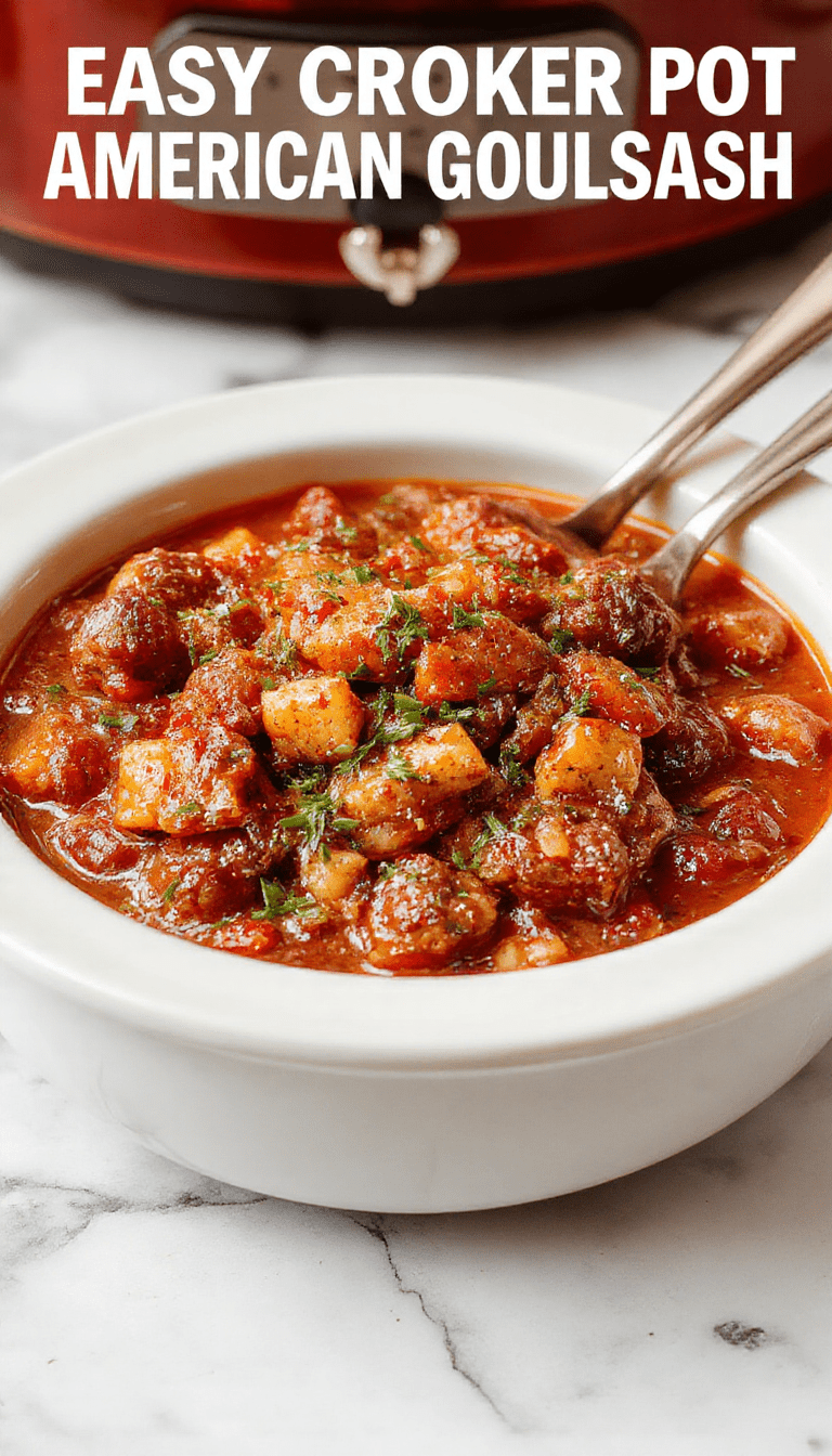 A warm bowl of Crock Pot American Goulash featuring ground beef, rich tomato sauce, and tender pasta, garnished with fresh herbs, vibrant red and brown tones, served on a rustic wooden table with a spoon and side of bread