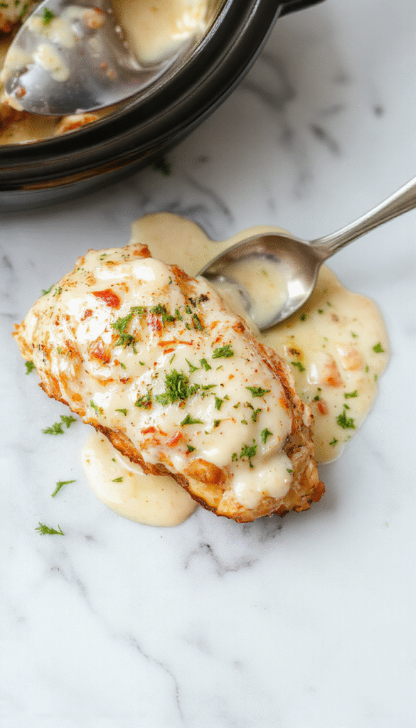 A close-up of a beautifully plated crock pot Marry Me Chicken dish featuring tender, juicy chicken breasts topped with a luscious creamy parmesan sauce, garnished with fresh herbs, served on a rustic wooden surface with a side of fresh herbs and a sprinkle of black pepper, vibrant colors contrast with the creamy white sauce and golden-brown chicken.