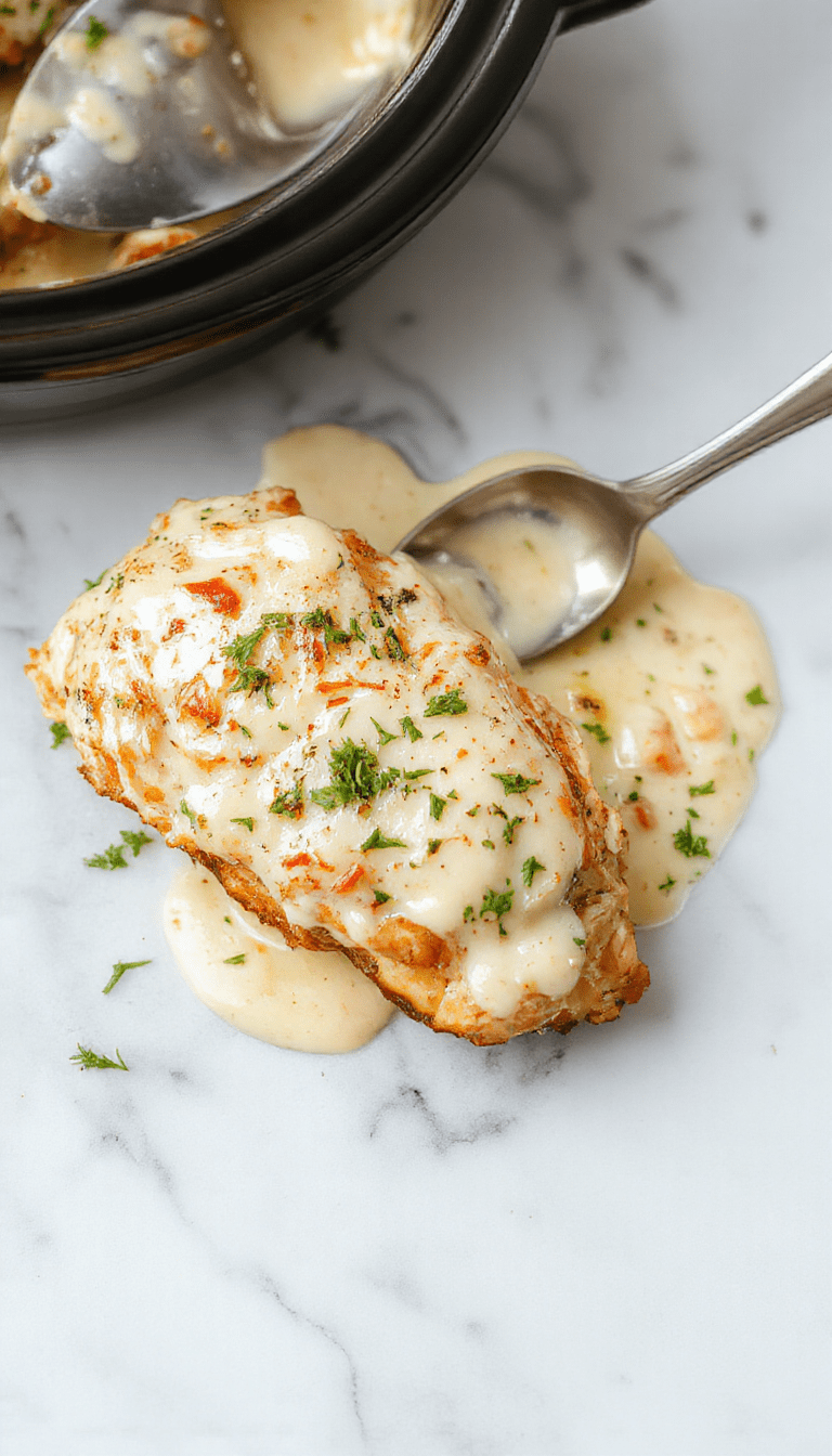 A close-up of a beautifully plated crock pot Marry Me Chicken dish featuring tender, juicy chicken breasts topped with a luscious creamy parmesan sauce, garnished with fresh herbs, served on a rustic wooden surface with a side of fresh herbs and a sprinkle of black pepper, vibrant colors contrast with the creamy white sauce and golden-brown chicken.