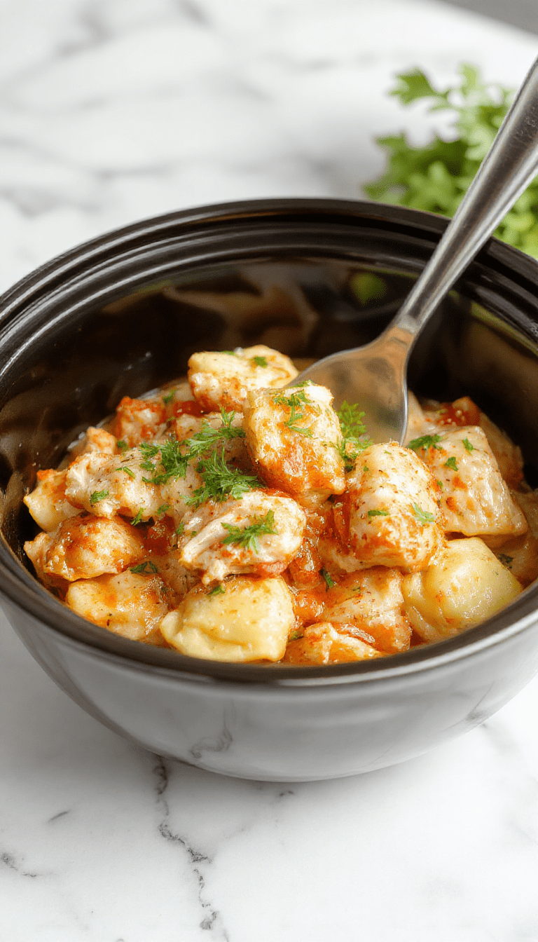 A vibrant bowl of creamy chicken tortellini soup topped with fresh herbs, served with a side of crusty bread, the dish showing tender tortellini in a rich broth garnished with chopped parsley and grated Parmesan cheese, all presented on a rustic wooden table with warm natural lighting.