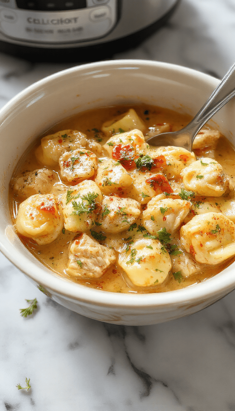 A vibrant bowl of creamy chicken tortellini with tender chicken pieces and fresh herbs, garnished with grated cheese, styled on a rustic wooden table with a spoon, capturing warm, inviting colors and rich textures.
