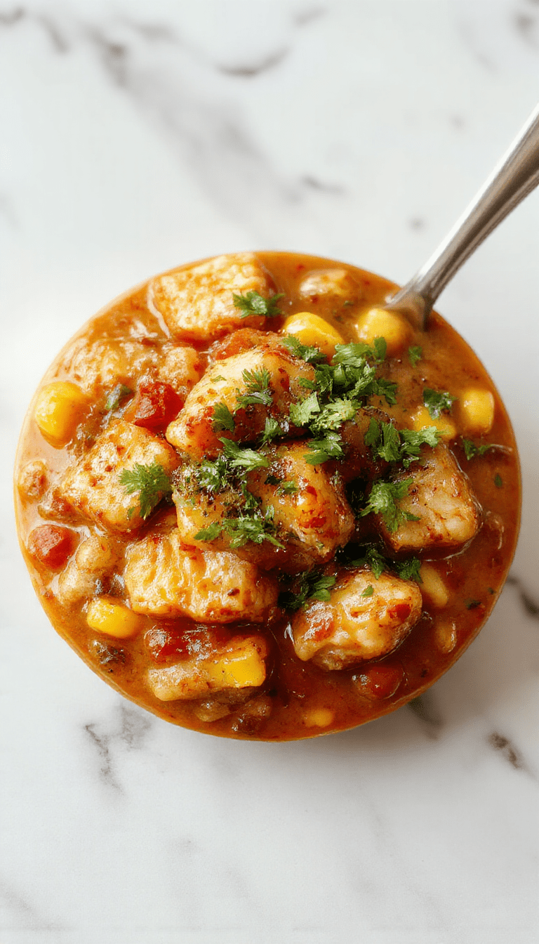 A vibrant bowl of Mexican street corn white chicken chili garnished with fresh cilantro, chopped green onions, and a sprinkle of shredded cheese. The chili has a creamy texture with visible pieces of shredded chicken, corn kernels, and red peppers, served on a rustic wooden table with lime wedges and a side of tortilla chips, styled for a warm, inviting presentation.