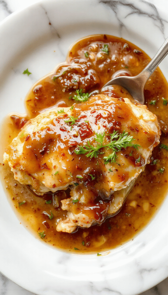 A creamy chicken dish served in a rustic white bowl with tender shredded chicken draped in glossy, savory gravy. The dish is garnished with fresh herbs and placed on a wooden table, showcasing a warm and inviting meal.