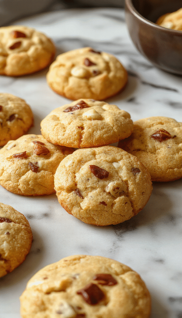A close-up shot of golden-brown German butter cookies arranged on a rustic wooden plate, topped with a dusting of powdered sugar, with a background of a cozy, warmly lit kitchen setting, showcasing their crispy edges and smooth buttery surface.