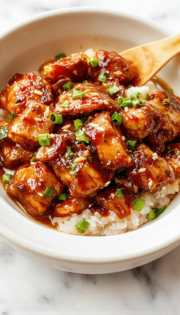 Colorful plate featuring tender shredded teriyaki chicken glazed with shiny, rich sauce, garnished with sliced green onions and sesame seeds, arranged on a white ceramic dish with steaming rice in the background.