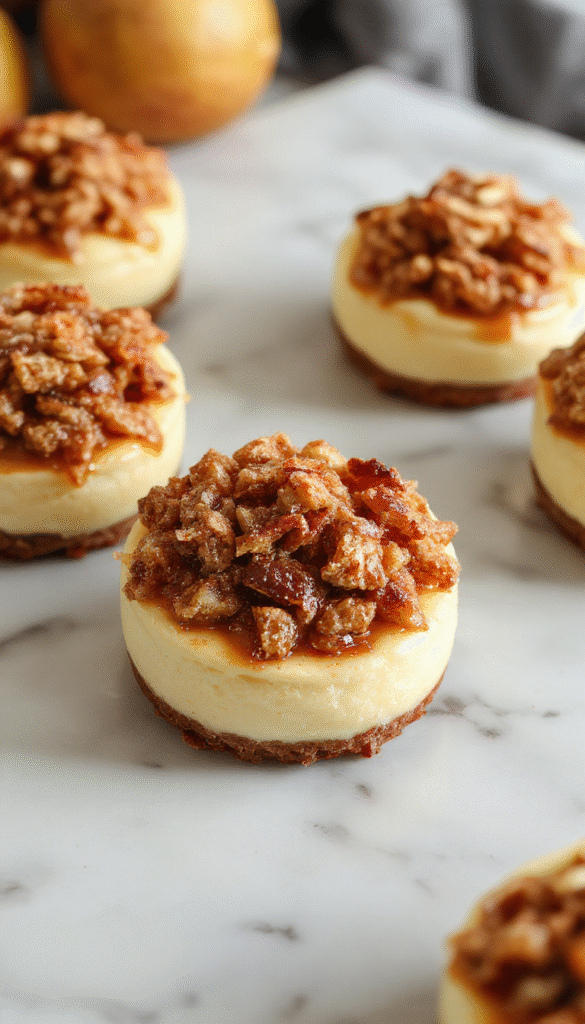 A close-up of mini cheesecakes topped with golden apple crisp, served on a white plate with cinnamon sprinkled over. The cheesecakes have a creamy texture with a crunchy apple topping, garnished with a sprig of fresh mint, set against a warm autumnal background with hints of cinnamon and caramel colors.