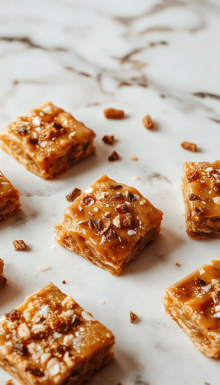 A close-up of golden-brown salted caramel apple bars topped with flaky sea salt, sliced to reveal gooey caramel and tender apple chunks, arranged on a rustic wooden platter with caramel drizzle and fresh apple slices on the side, styled with autumn leaves and warm lighting.