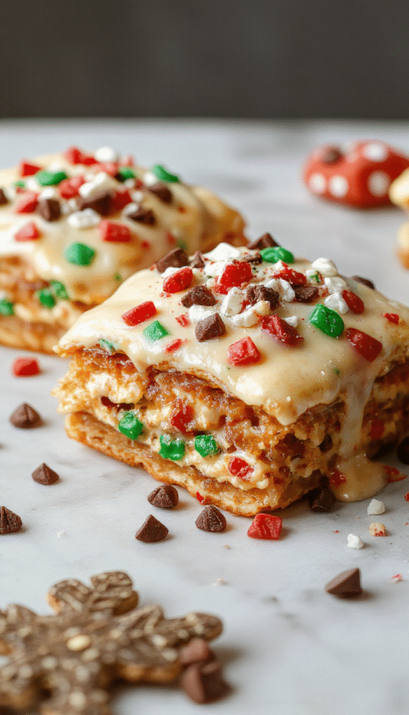 A vibrant layered Christmas cookie lasagna featuring colorful holiday sprinkles, creamy white frosting, and crushed cookies neatly stacked in a clear rectangular dish, garnished with festive red and green sprinkles on top, showcasing a decadent and festive presentation with a holiday-themed backdrop.