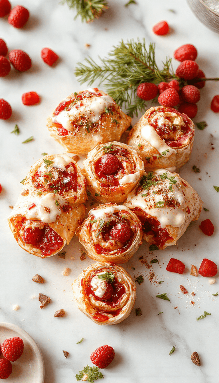 A vibrant platter featuring cinnamon-spiced cream cheese spread rolled inside flaky pastry, topped with fresh, glossy cranberries and sprinkled with powdered sugar. The bright red cranberries contrast beautifully with the golden pastry, styled on a rustic wooden board with holiday greenery in the background.