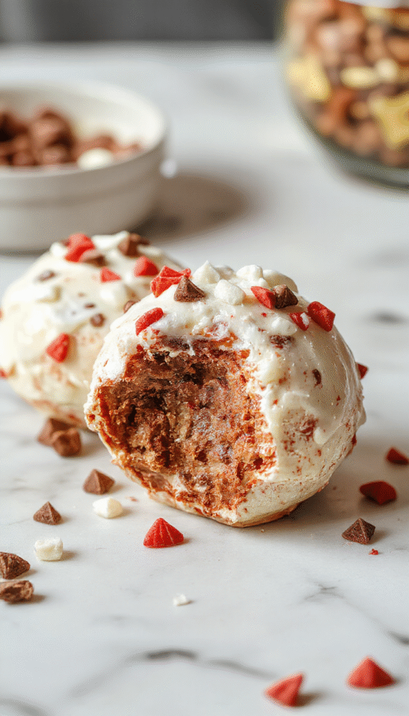 A vibrant Christmas-themed hot chocolate bomb melting in a clear glass mug, revealing swirls of rich chocolate and mini marshmallows, topped with colorful sprinkles and a candy cane, set against a cozy holiday backdrop with pine branches and twinkling fairy lights