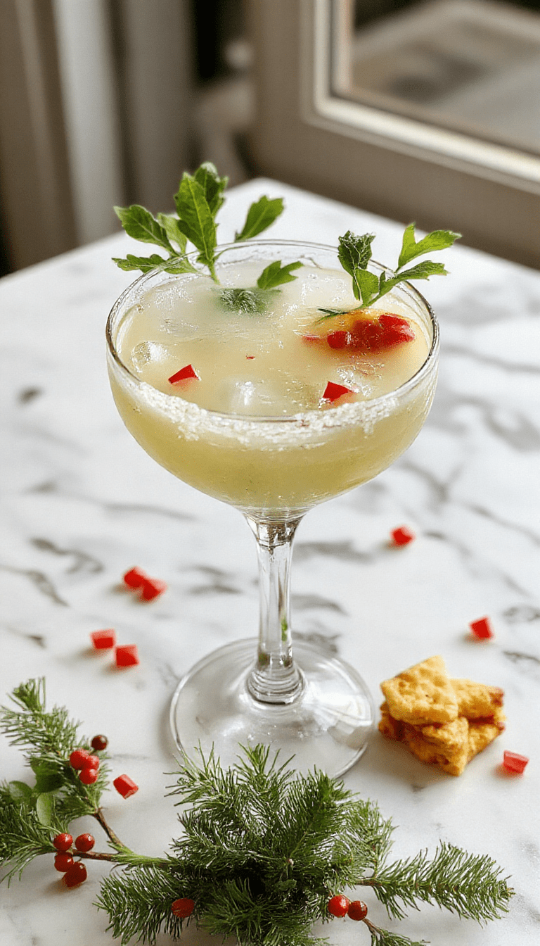 A vibrant margarita glass filled with a bright green cocktail, garnished with mistletoe-shaped green leaves and tiny red berries, set against a warm holiday backdrop with twinkling lights and festive ornaments, highlighting the sparkling salt rim and ice cubes for refreshing texture.