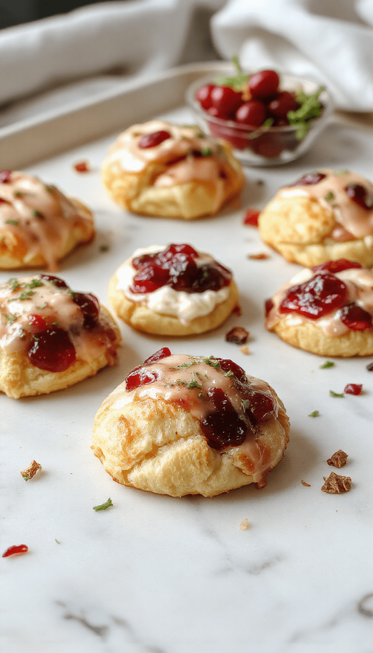 Colorful arrangement of golden crescent-shaped pastry bites topped with vibrant red cranberries and creamy white cream cheese filling, garnished with fresh herbs on a rustic wooden platter, styled with seasonal autumn leaves and a soft-focus background highlighting a cozy fall setting.
