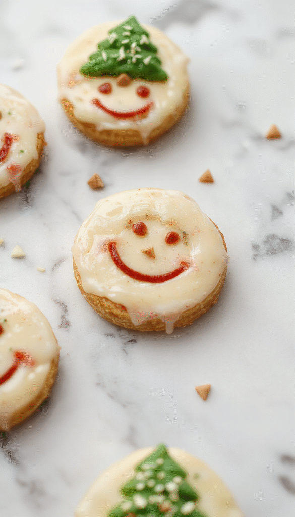 Colorful platter featuring small holiday-themed sandwiches, mini quiches, and fruit skewers with bright red and green garnishes, styled on a festive table with holiday decorations.
