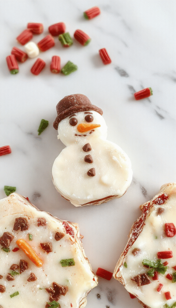 Colorful Christmas snowman-shaped chocolate bark on a festive plate, decorated with white, blue, and silver toppings, surrounded by holiday decor and pine cones, vibrant and inviting.