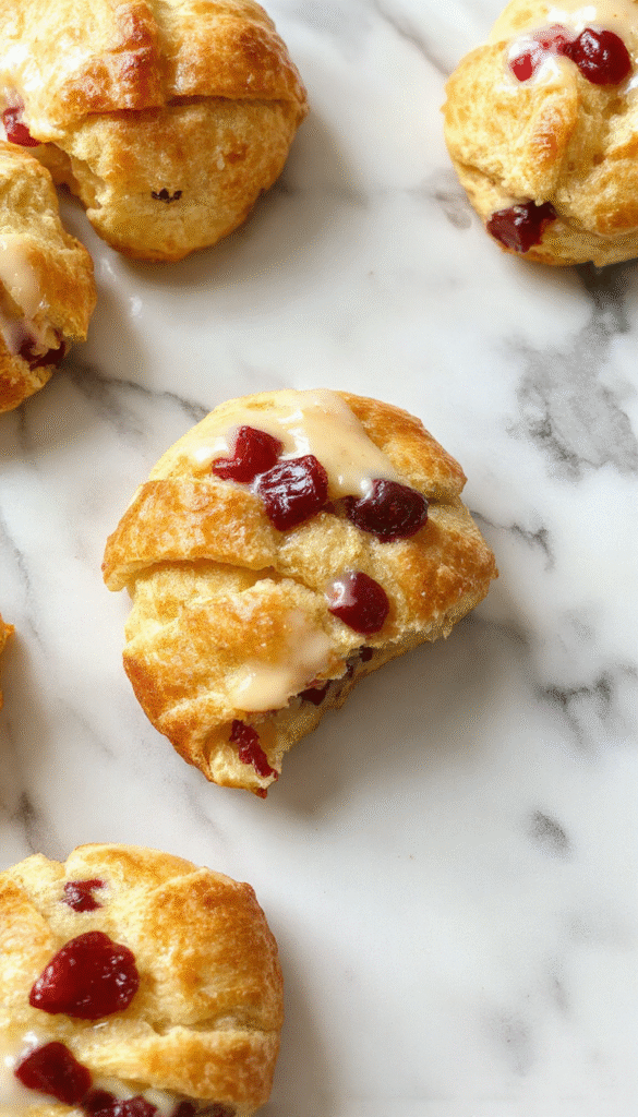 A golden-brown crescent-shaped ring filled with sliced turkey, vibrant red cranberries, and melted cheese, garnished with fresh herbs. The serving platter showcases a beautifully assembled crescent ring on a rustic wooden board, with colorful cranberry and turkey slices spilling slightly to highlight its savory filling, all styled with a festive backdrop of holiday decorations.