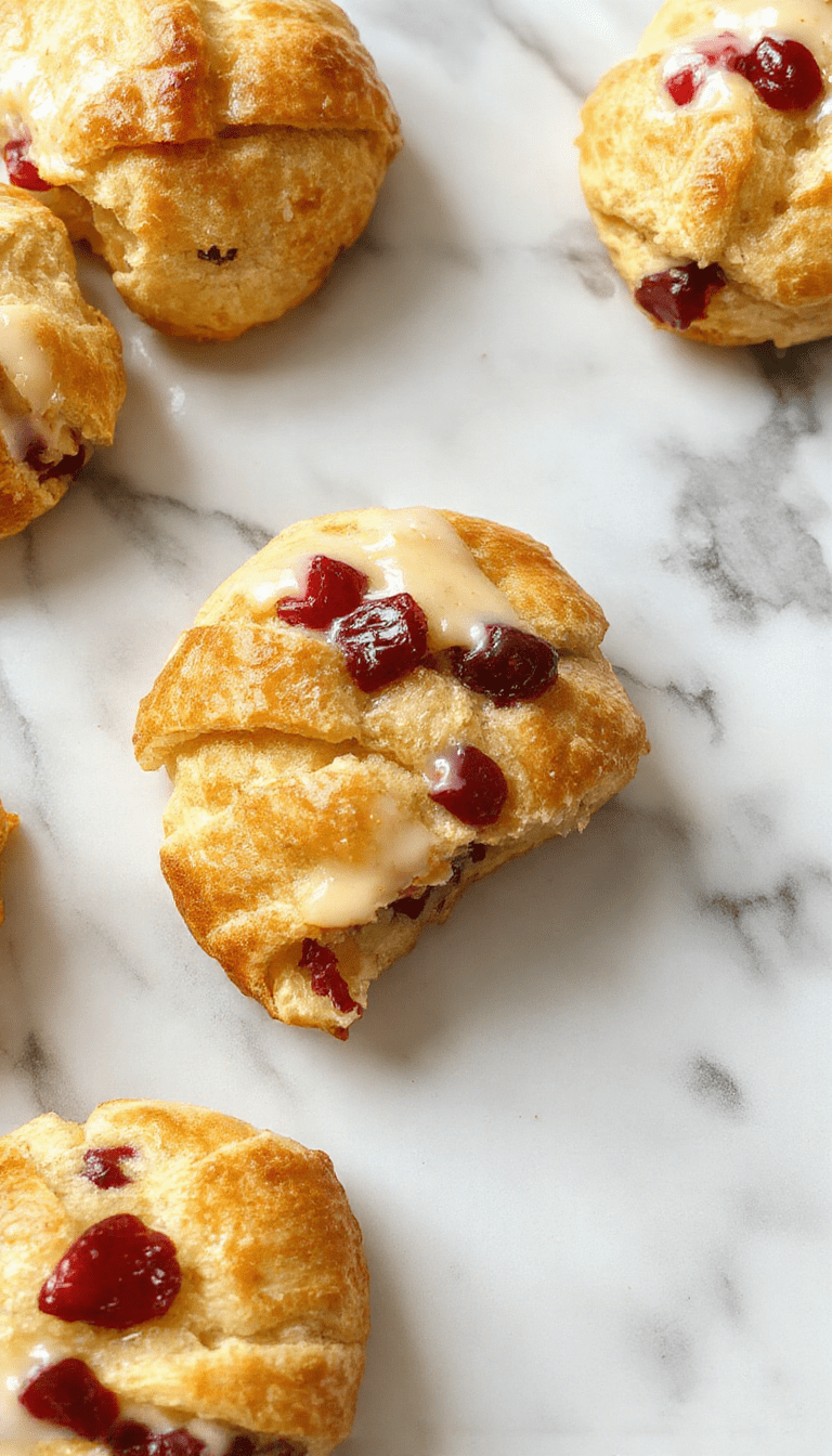 A golden-brown crescent-shaped ring filled with sliced turkey, vibrant red cranberries, and melted cheese, garnished with fresh herbs. The serving platter showcases a beautifully assembled crescent ring on a rustic wooden board, with colorful cranberry and turkey slices spilling slightly to highlight its savory filling, all styled with a festive backdrop of holiday decorations.