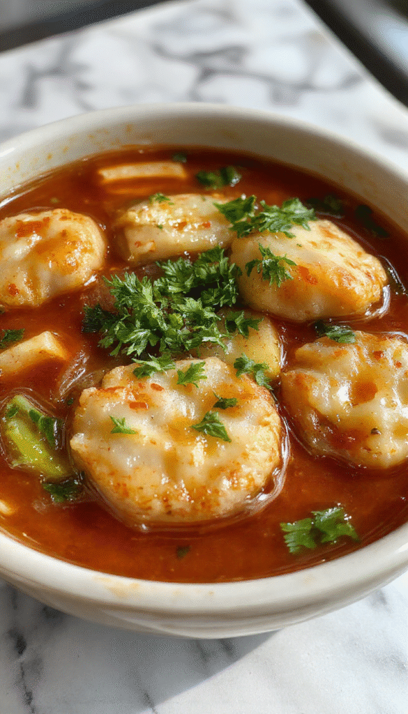 A vibrant bowl of cozy potsticker soup featuring golden-brown potstickers nestled in a steaming, clear broth garnished with chopped green onions and sesame seeds, with colorful vegetables and herbs visible in the background, styled in a modern white bowl on a rustic wooden table.