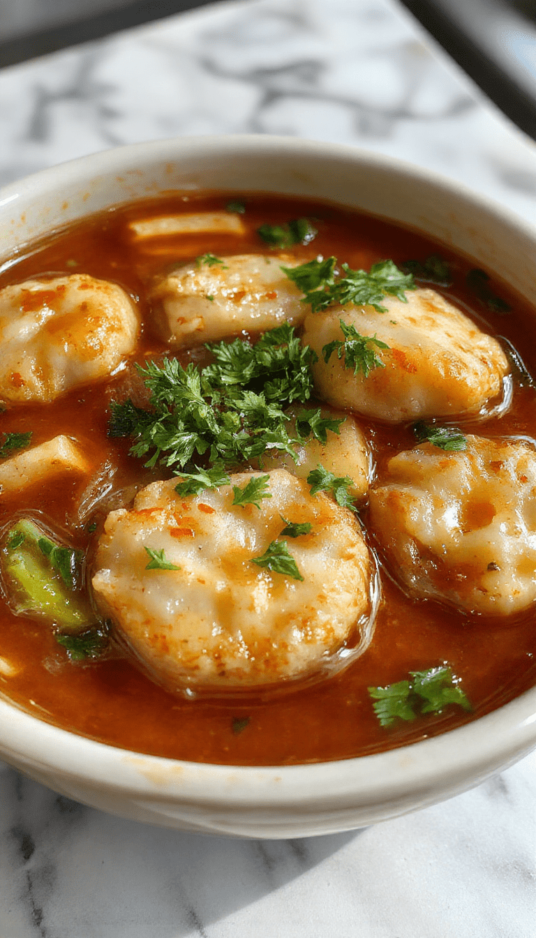 A vibrant bowl of cozy potsticker soup featuring golden-brown potstickers nestled in a steaming, clear broth garnished with chopped green onions and sesame seeds, with colorful vegetables and herbs visible in the background, styled in a modern white bowl on a rustic wooden table.