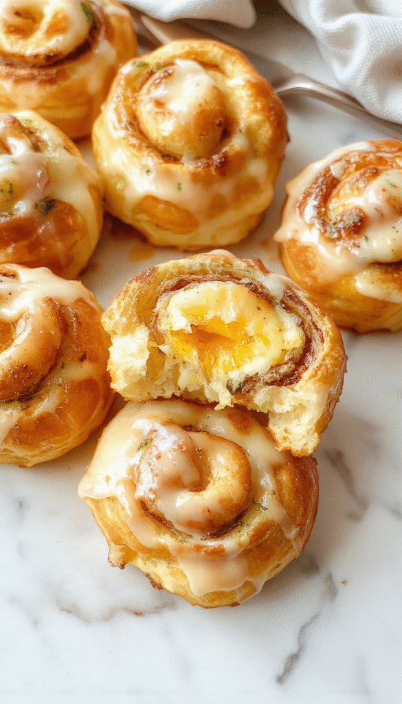 A close-up of warm, golden-brown breakfast rolls with a soft, airy interior, stacked on a rustic wooden plate, garnished with fresh herbs, with a hint of butter melting on top, styled with a neutral background and soft natural lighting highlighting their fluffy texture.