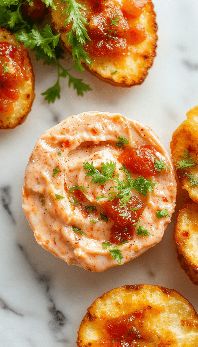 A vibrant close-up of a creamy bruschetta dip garnished with fresh chopped tomatoes, basil leaves, and drizzled with olive oil. The dip is served in a rustic white bowl on a wooden platter, surrounded by toasted baguette slices and fresh herbs, creating an inviting and colorful presentation.