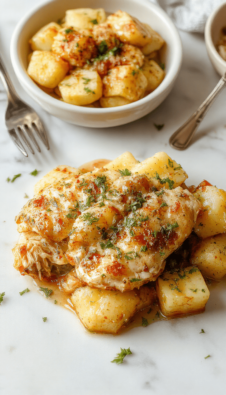 A rustic white plate filled with tender shredded chicken coated in rich garlic Parmesan sauce, surrounded by golden roasted potatoes with crispy edges. The dish is garnished with chopped parsley, served with a sprinkle of freshly grated Parmesan, and styled on a dark wooden surface with a side of fresh herbs and a lemon wedge for a vibrant touch.