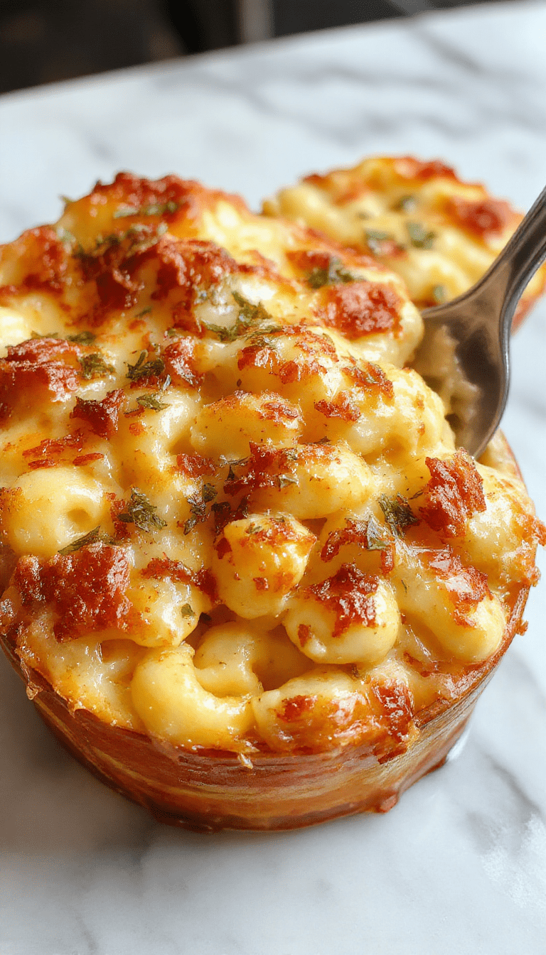 A close-up of a golden-brown baked mac and cheese served in a rustic white dish, topped with crispy breadcrumb and cheese crust, garnished with fresh herbs, with a creamy and cheesy interior visible beneath the crunchy topping