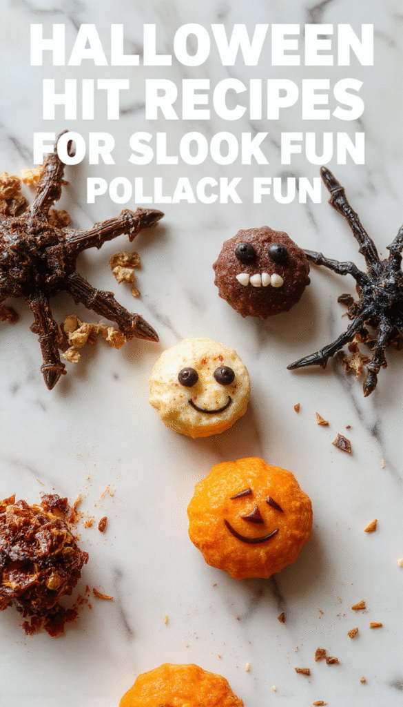 Colorful and festive Halloween-themed dishes arranged on a spooky table, featuring bright orange, black, and purple accents, decorated with pumpkins, cobwebs, and ghosts, with textures of crispy, creamy, and gooey foods displayed attractively.