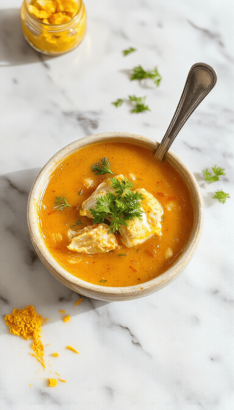 A vibrant bowl of golden turmeric chicken soup garnished with fresh cilantro and lemon wedges, served with crusty bread on a rustic wooden table highlighting its warm, comforting textures and bright colors.