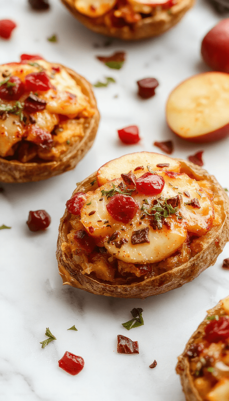 Colorful plated sweet potatoes filled with vibrant red cranberries and golden apple chunks, topped with a sprinkle of cinnamon and fresh herbs, styled elegantly on a rustic wooden surface with natural lighting highlighting the glossy textures and rich colors.