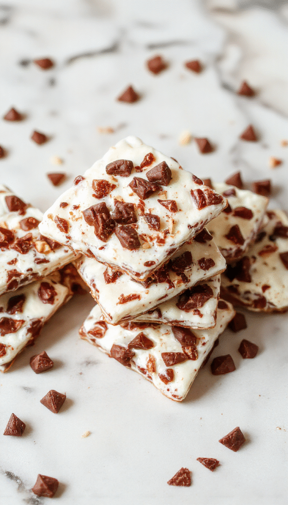 Colorful protein yogurt bark on a white plate topped with fresh berries, chopped nuts, and a drizzle of honey, showcasing a vibrant and textured surface