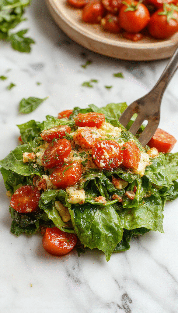 A vibrant plate of spinach tomato pasta featuring fresh green spinach leaves and ripe red tomatoes intertwined with al dente pasta, garnished with grated cheese and fresh basil, presented on a rustic white plate with a wooden surface background highlighting colorful ingredients and textures.