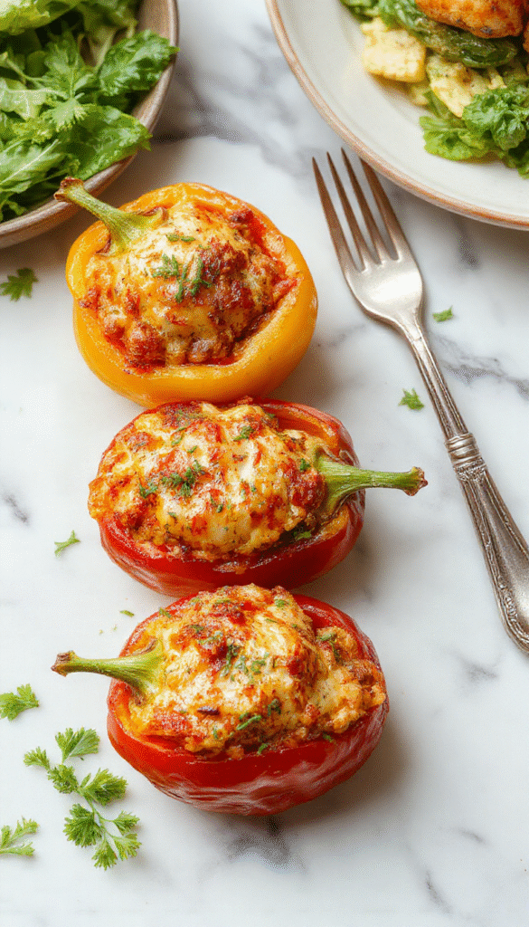 Colorful stuffed bell peppers on a white plate, filled with a savory mixture of vegetables, rice, and melted cheese, garnished with fresh herbs, set against a rustic wooden background with vibrant red, yellow, and green peppers creating an inviting and appetizing scene.