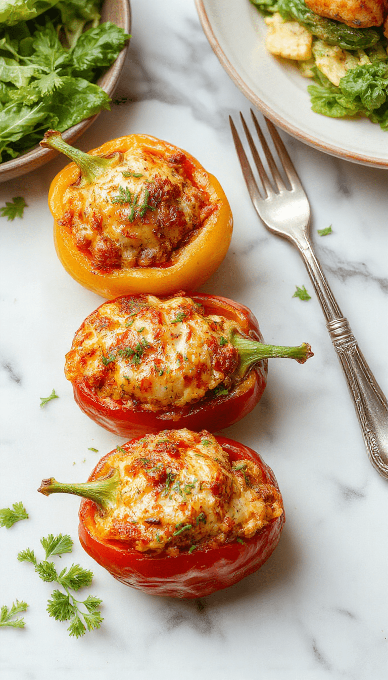 Colorful stuffed bell peppers on a white plate, filled with a savory mixture of vegetables, rice, and melted cheese, garnished with fresh herbs, set against a rustic wooden background with vibrant red, yellow, and green peppers creating an inviting and appetizing scene.