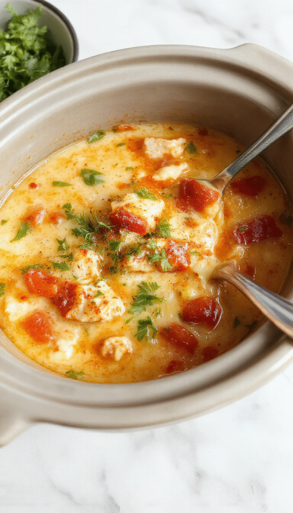 A steaming bowl of chicken parmesan soup with melted cheese and crispy breadcrumbs garnished with fresh basil, served on a rustic wooden table with a spoon nearby and a piece of crusty bread in the background.