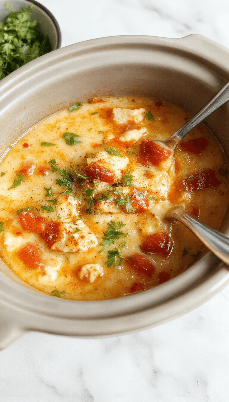 A steaming bowl of chicken parmesan soup with melted cheese and crispy breadcrumbs garnished with fresh basil, served on a rustic wooden table with a spoon nearby and a piece of crusty bread in the background.