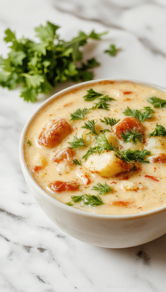 A bowl of vibrant creamy vegetable soup garnished with fresh herbs, showing a rich, smooth texture with colorful vegetable chunks, presented on a rustic wooden table styled with a spoon and fresh ingredients around.